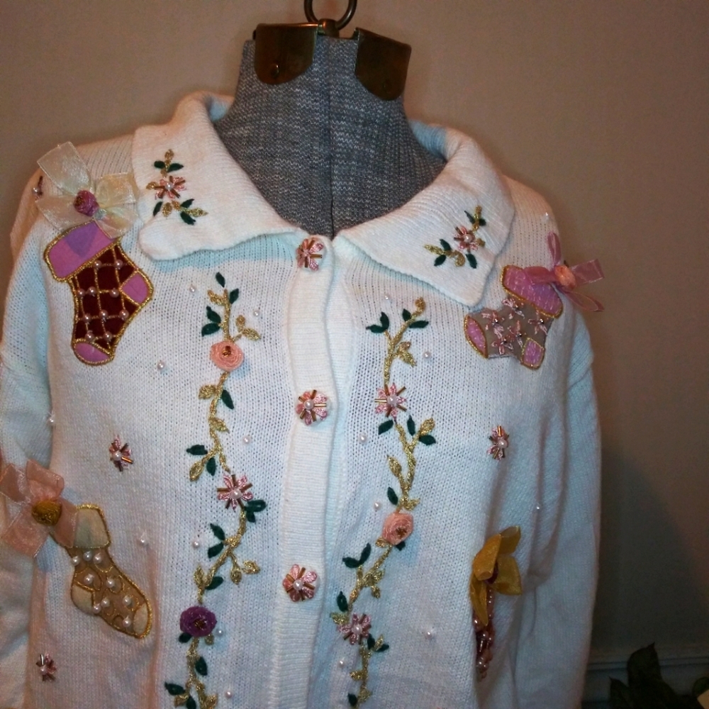 Vintage Pearl/Ribbon Trimmed Cottagecore Style "Ugly" Christmas Stocking Sweater - Picture 2 of 14